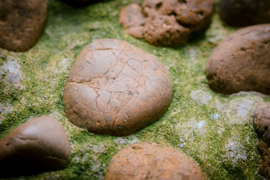 Detailed close-up of various river stones covered with green moss.