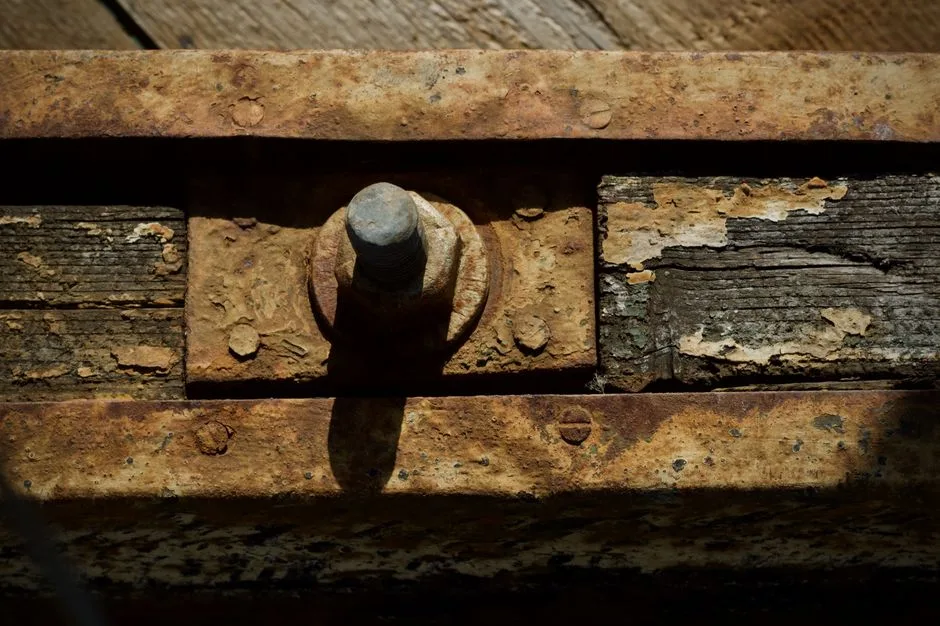 Detailed macro shot of a rusty bolt on aged wood, showcasing decay.