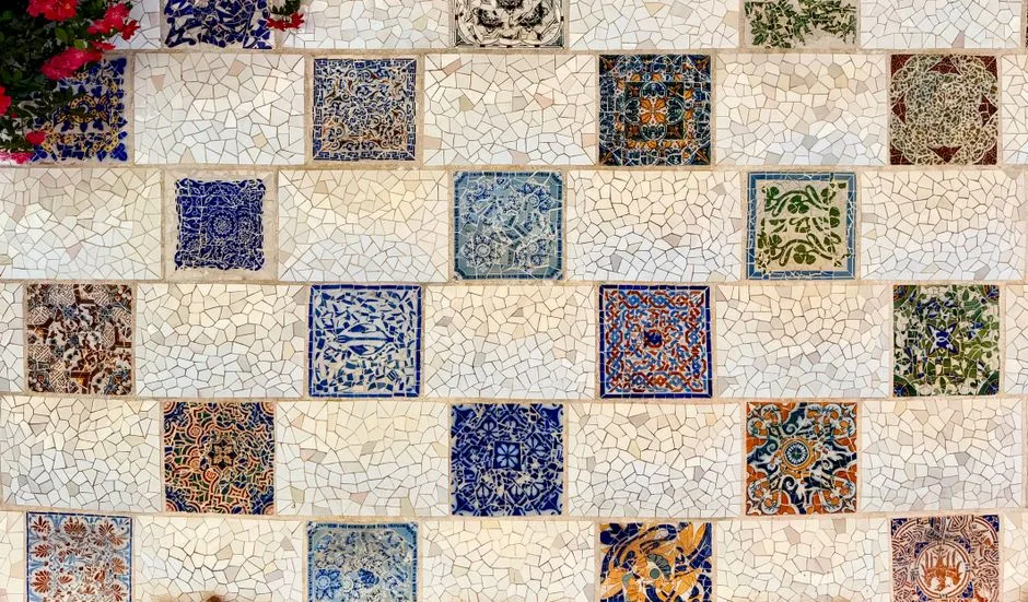 Colorful mosaic tile wall featuring intricate patterns and a Mediterranean style.