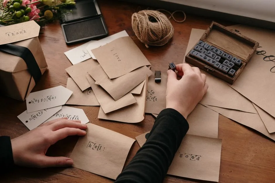A person stamping envelopes with letters for handmade cards, showcasing creativity and craftsmanship.