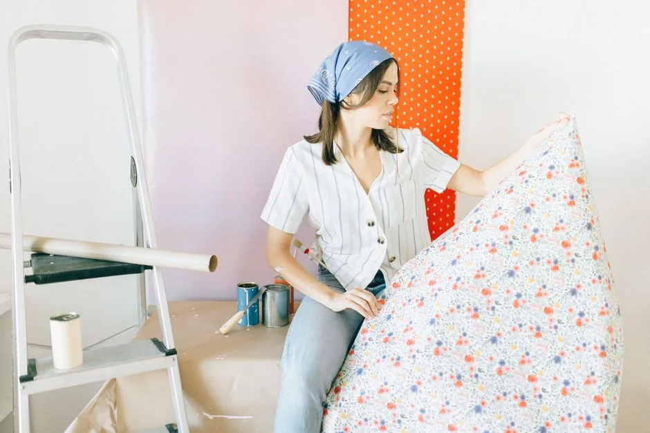 Young woman holding wallpaper roll, preparing for home renovation with tools.