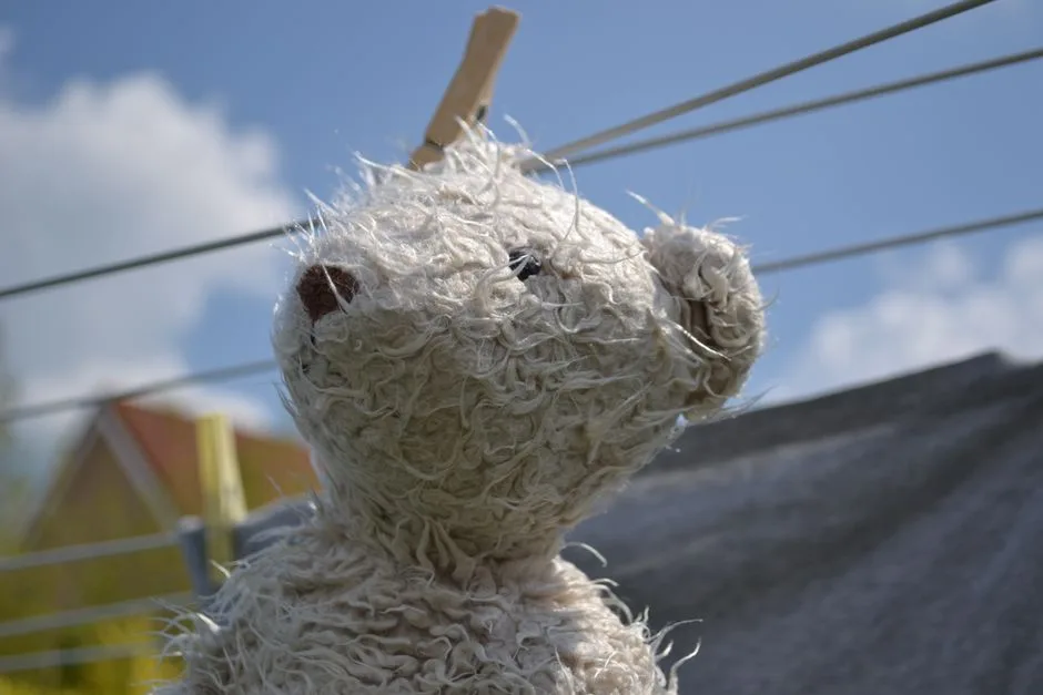 A worn teddy bear hangs on a clothesline against a bright blue sky.