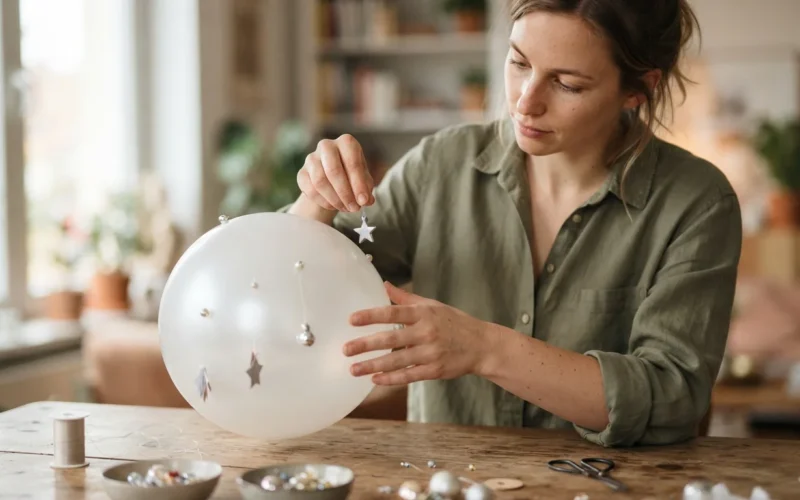 a person decorating a balloon with small hanging ornaments