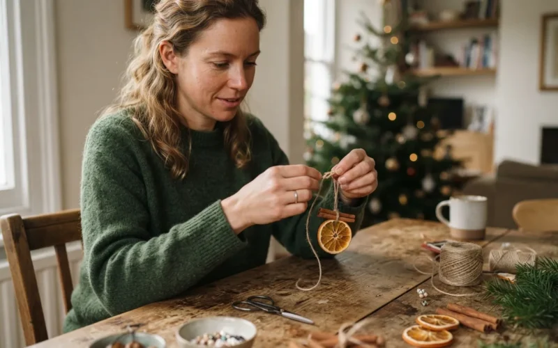 a woman making a Christmas tree ornament at a table