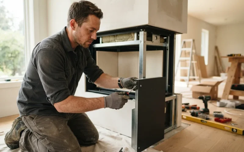 a person assembling a modern fireplace