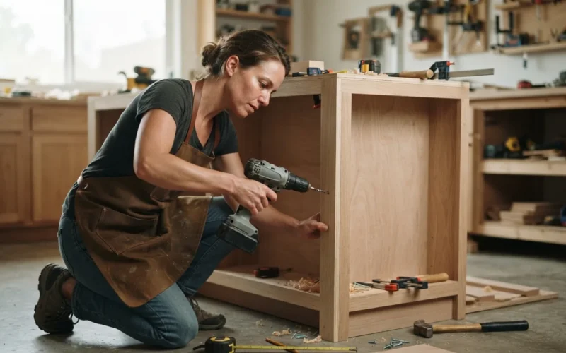 a person building a kitchen island with tools