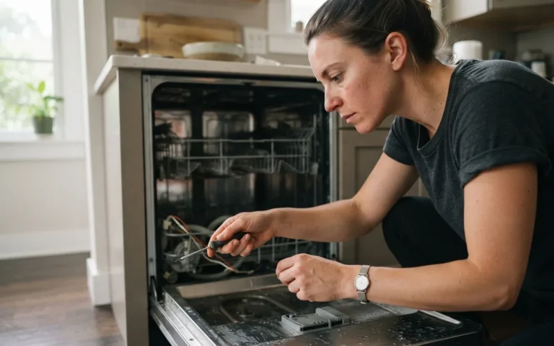 a person fixing the inside of a dishwasher
