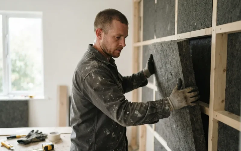 a person installing soundproofing material on an interior wall
