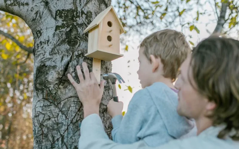 Father helps son mount a wooden birdhouse on a tree using a hammer.