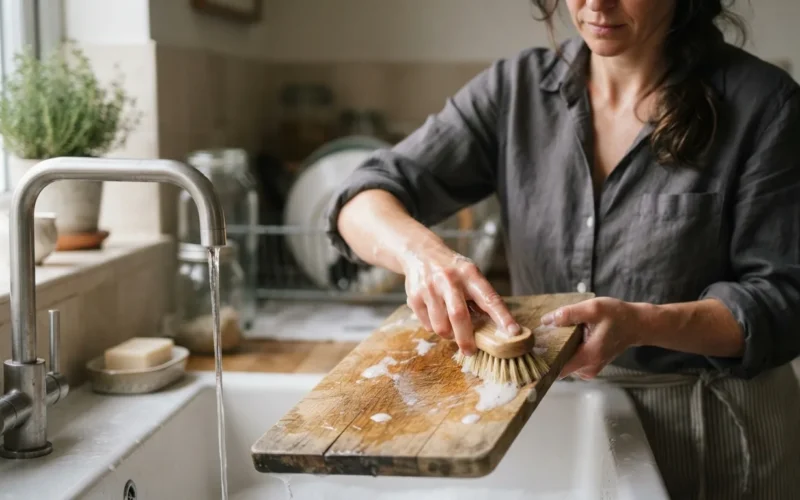 a person scrubbing a wooden cutting board in a kitchen