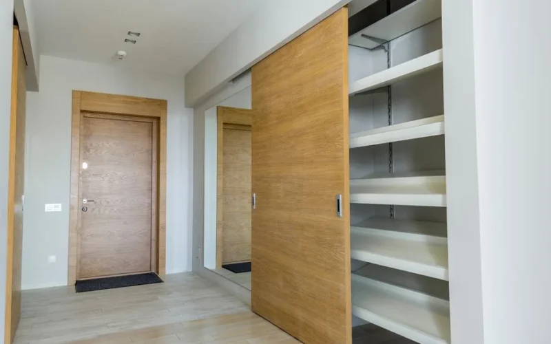 Elegant modern walk-in closet with wooden sliding door and empty shelves in a sleek minimalist style.