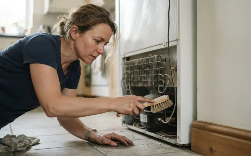 a person cleaning the back of a refrigerator with a brush