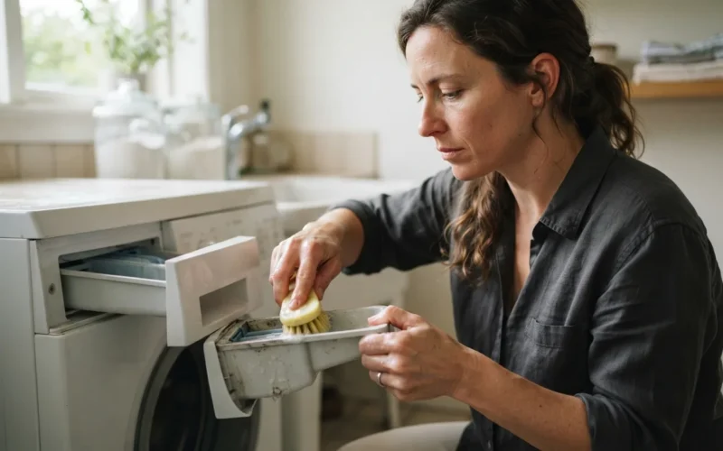 a woman cleaning the detergent drawer of a washing machine