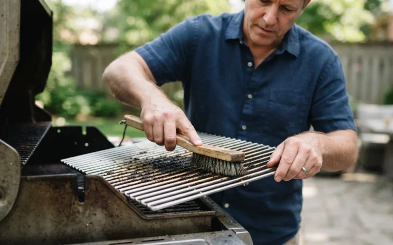 a person cleaning a shiny metal grill grate with a brush