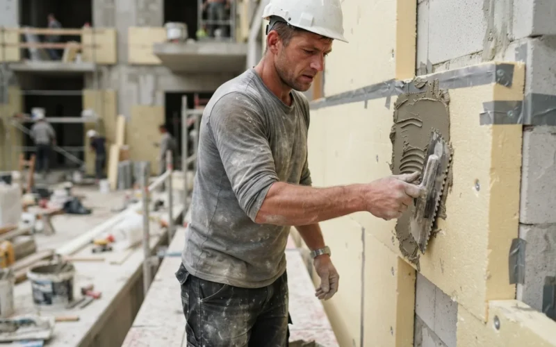 a construction worker applying adhesive to a foam insulation board on a building exterior