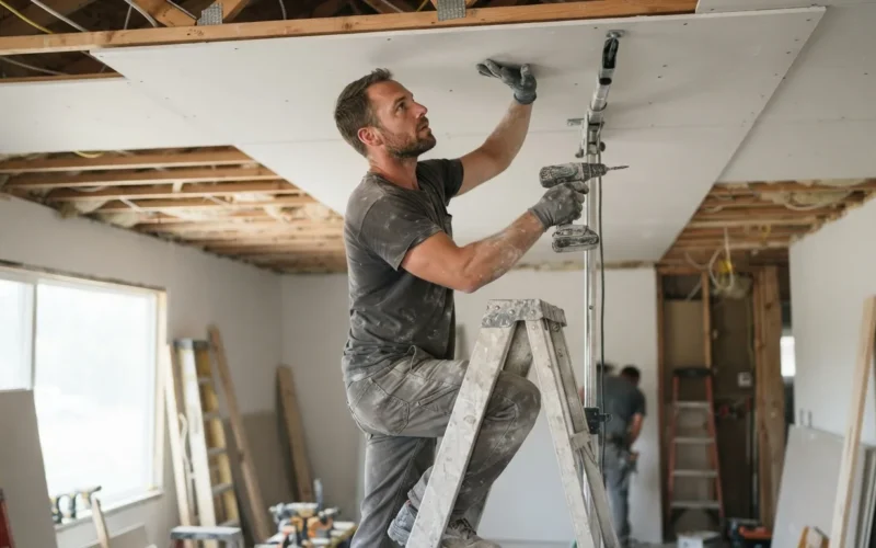 a person installing drywall on a ceiling