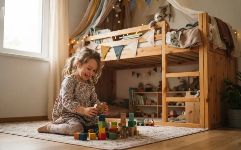 a child playing near a creatively decorated loft bed
