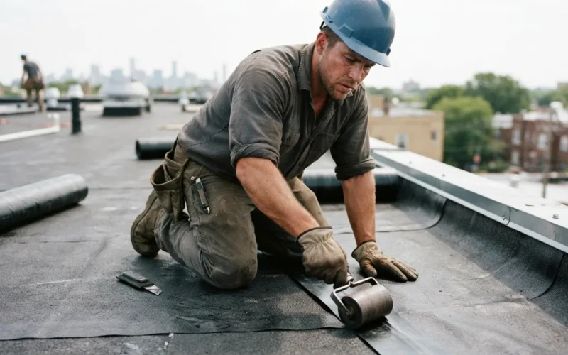 a construction worker installing black roofing membrane on a roof