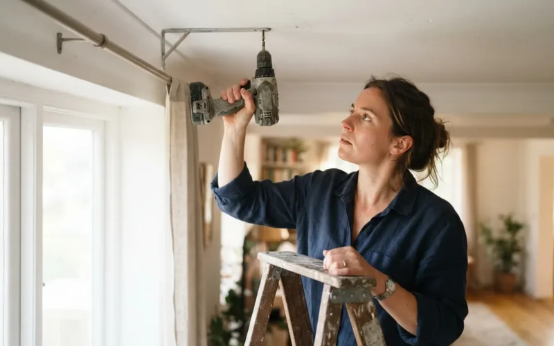 a person installing a curtain rod on a ceiling