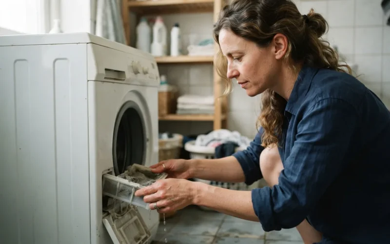 a person removing a filter from a washing machine