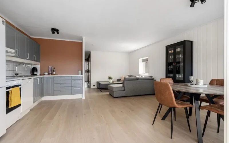 Spacious modern open-plan kitchen and living room with stylish furniture.