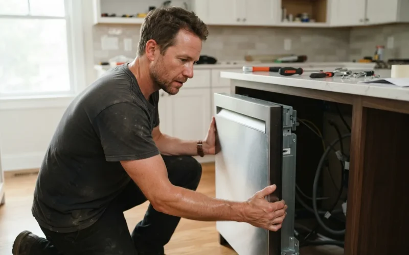 a person installing a dishwasher into a kitchen cabinet