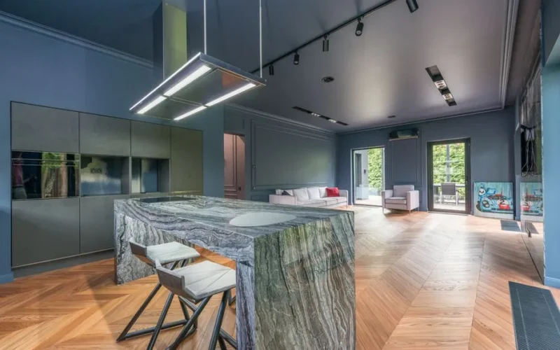 Spacious modern kitchen and living room with parquet flooring and minimalist design.