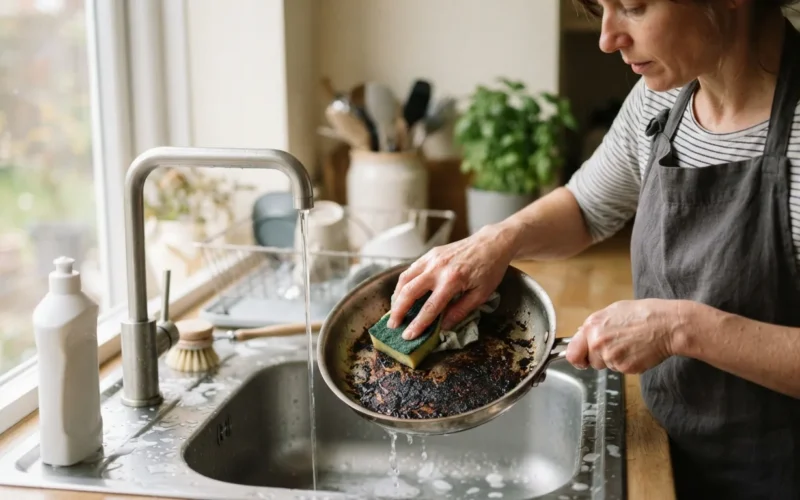 a person scrubbing a burnt pan in a kitchen sink