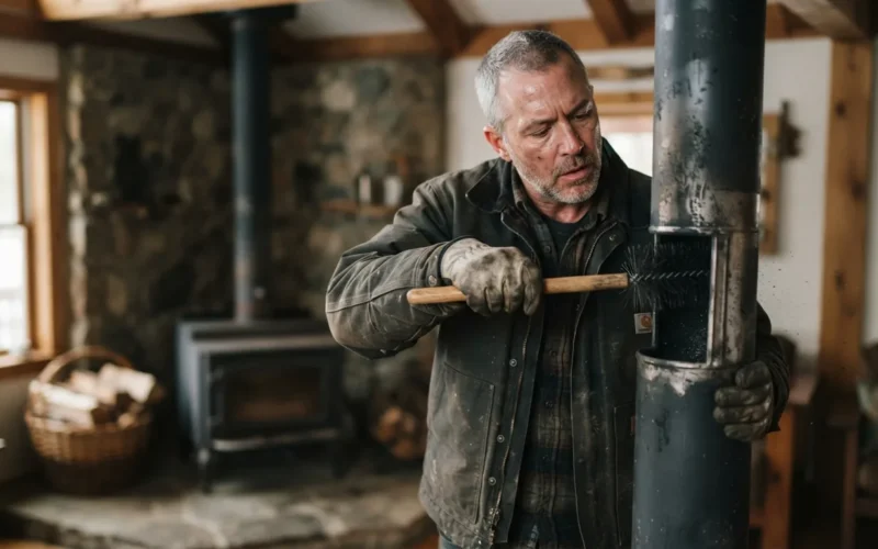 a person cleaning a stovepipe with a brush