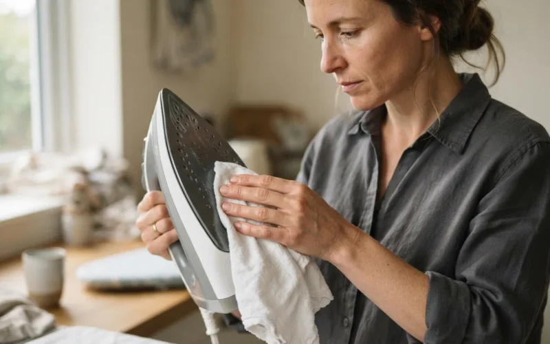 a person cleaning the bottom of a household iron with a cloth