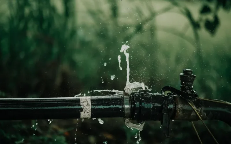 A detailed view of a leaking water pipe in a lush green garden setting.
