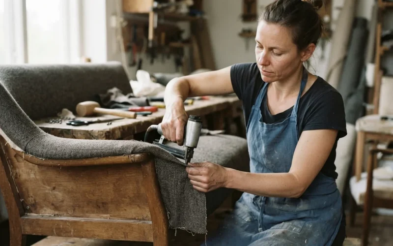 a person reupholstering a sofa
