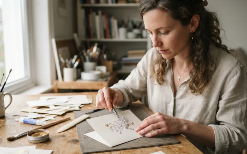 a person making a handmade card with religious symbols
