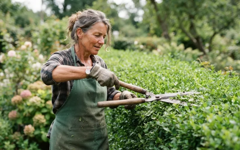 a gardener trimming a green hedge with shears