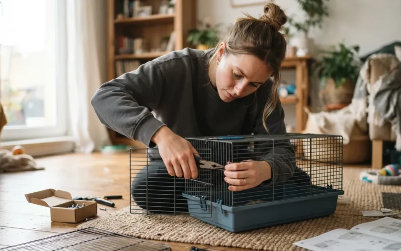 a person building or assembling a small animal cage