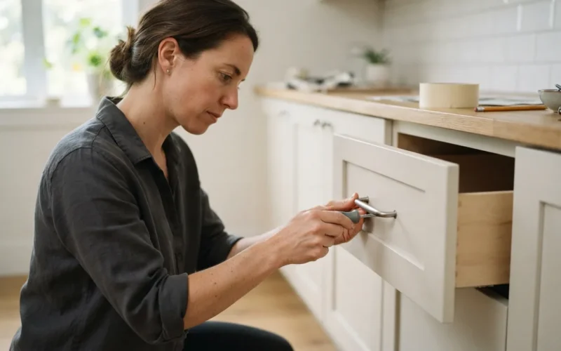 a person installing kitchen cabinet hardware