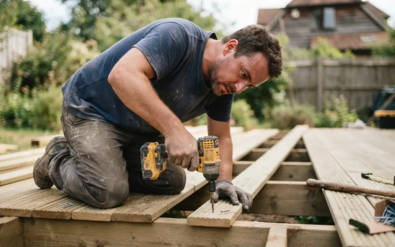 a person installing wooden deck boards outdoors with tools