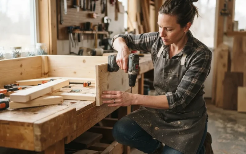 a person building a wooden dog bed with tools