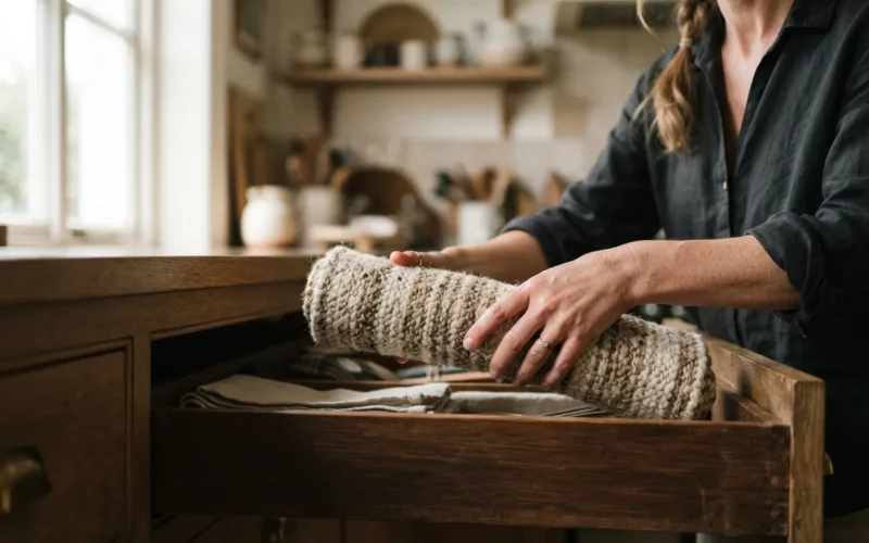 a person placing a textured mat into an open drawer