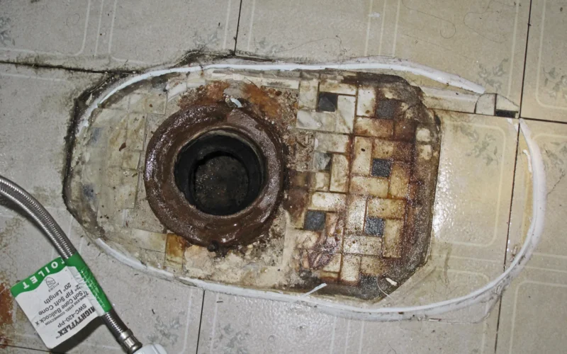 Drain hole in bathroom floor before installation of new toilet. The original tiled floor (1920s apartment building, Los Angeles, California) is visible underneath the linoleum. The hose for the water supply to the toilet is also visible.