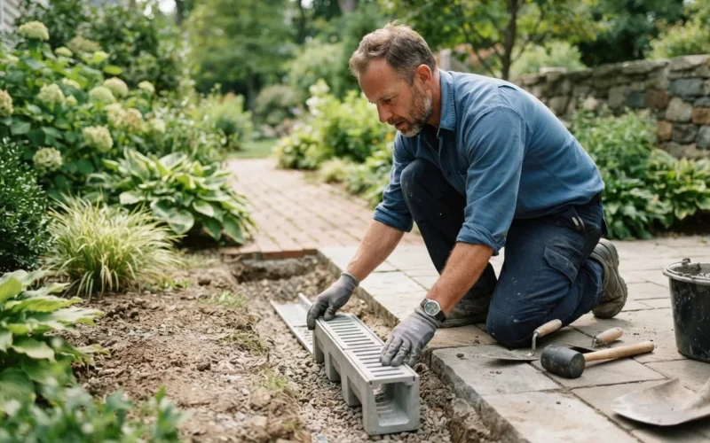 a person installing a drainage channel in a garden