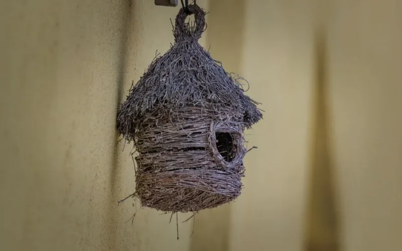Rustic handcrafted birdhouse made from natural materials hanging outdoors.