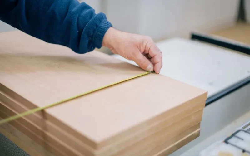 Close-up of a carpenter's hand using a tape measure to measure wooden planks indoors.