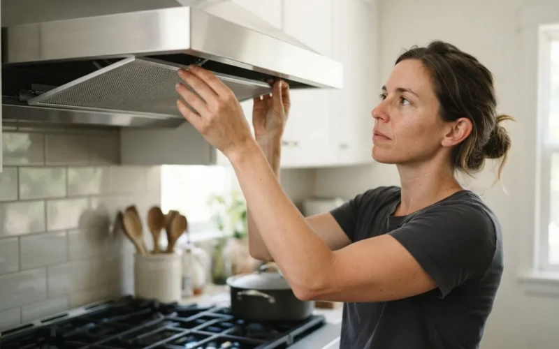 a person installing a filter in a kitchen range hood