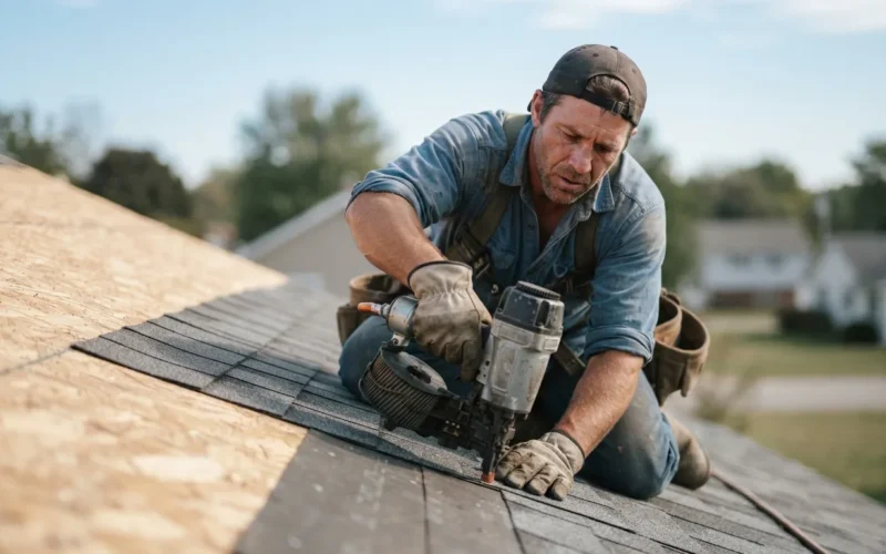 a person installing roofing material on a wooden roof