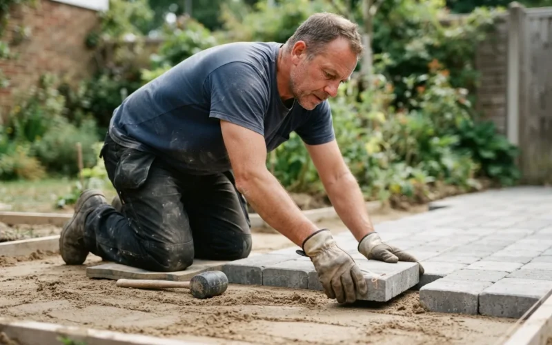a person laying paving stones on a prepared sand base