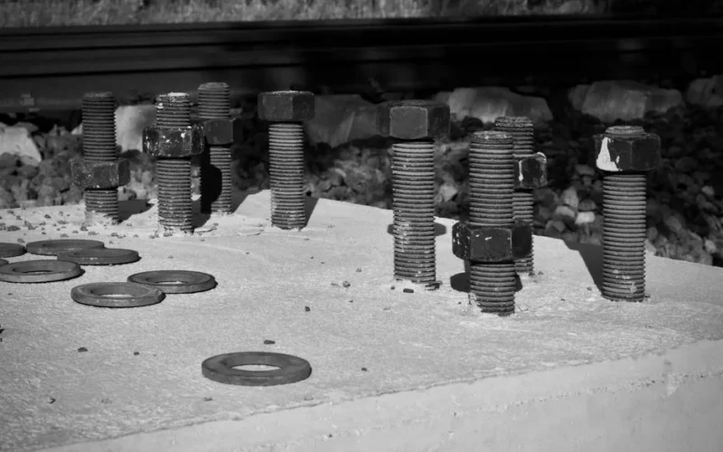 Close-up of large bolts and washers on a railway track in monochrome.