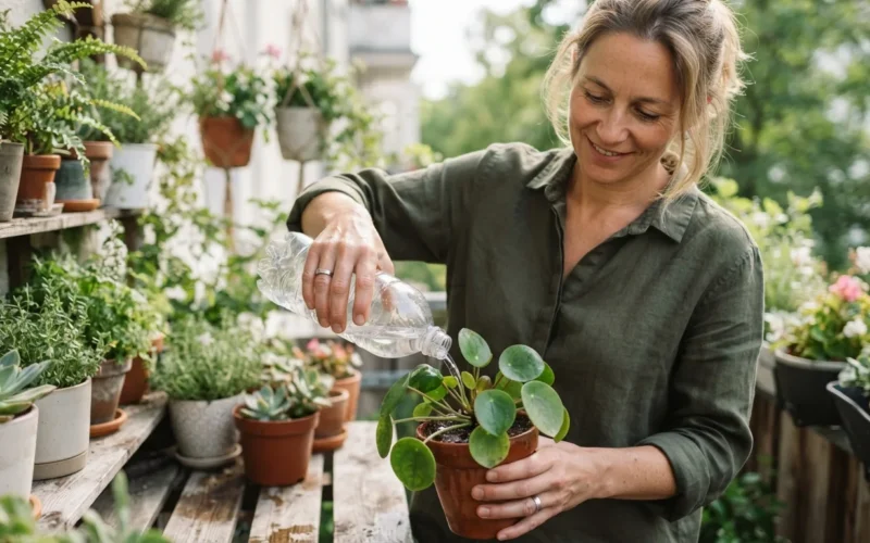 a person watering potted plants with a recycled plastic bottle