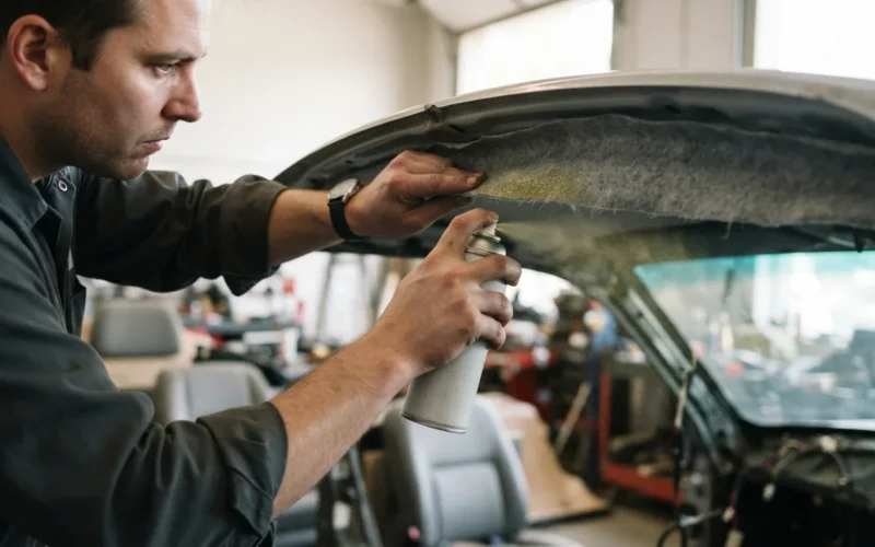 a person applying adhesive to car headliner fabric