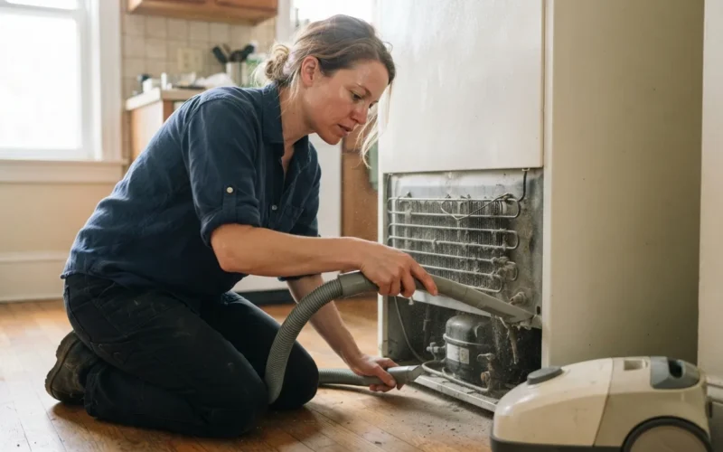a person cleaning the back of a refrigerator with a vacuum or brush
